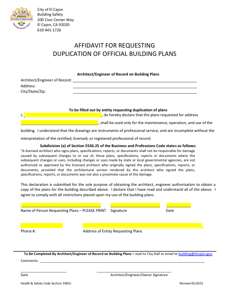 First page of the Affidavit for Requesting Duplication of Official Building Plans