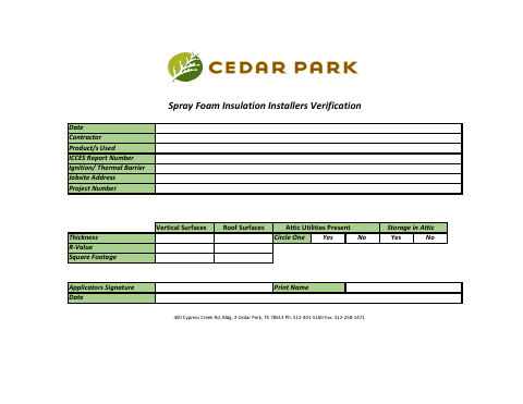 First page of the Spray Foam Insulation Installers Verification