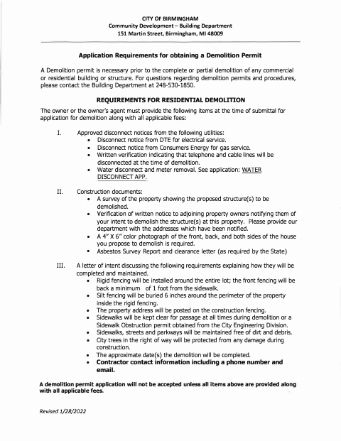 First page of the Demolition Permit Application
