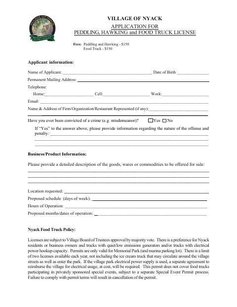 First page of the Application for Peddling, Hawking and Food Truck License