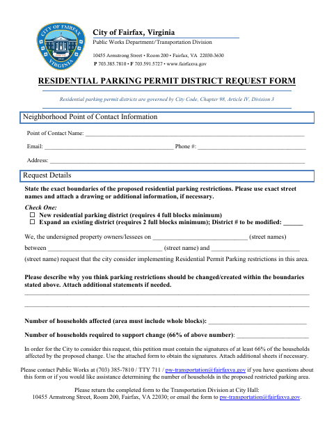 First page of the Residential Parking Permit District Request Form