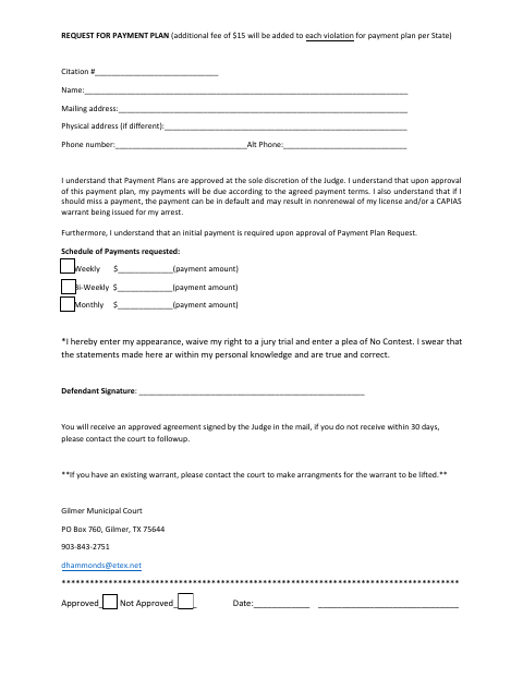 First page of the Request for Payment Plan
