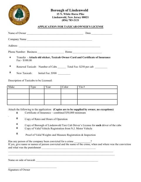 First page of the Application for Taxicab Owner’s License
