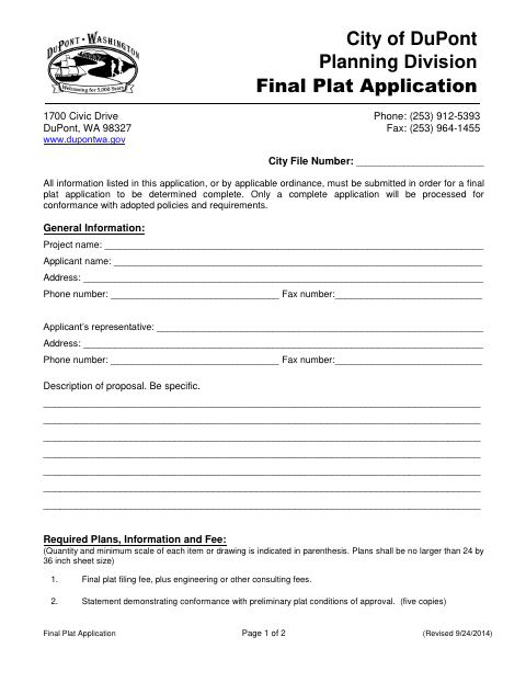 First page of the Final Plat Application