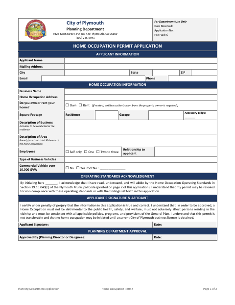 First page of the Home Occupation Permit Application