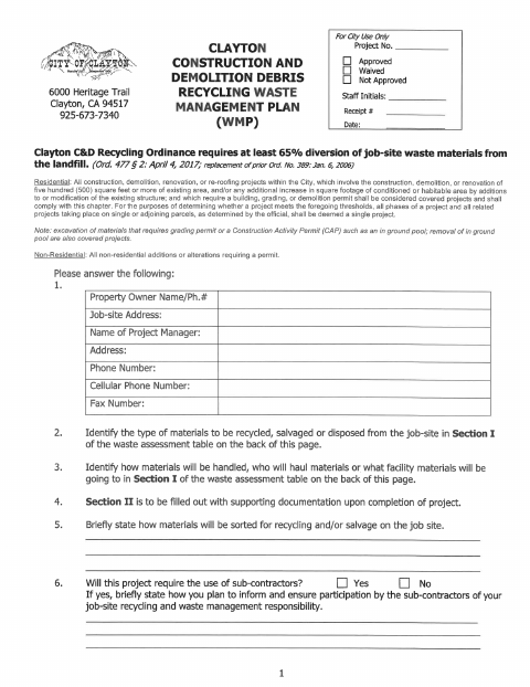 First page of the Construction and Demolition Debris Recycling Plan Permit