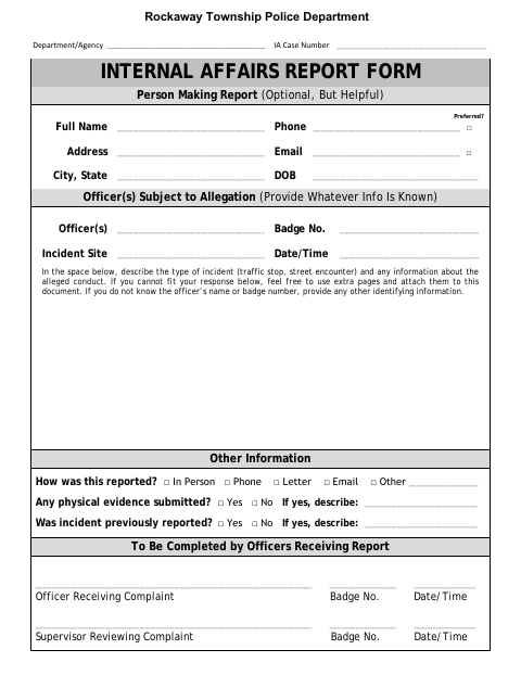 First page of the Internal Affairs Report Form