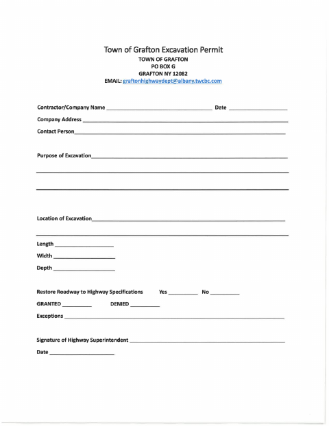 First page of the Excavation Permit