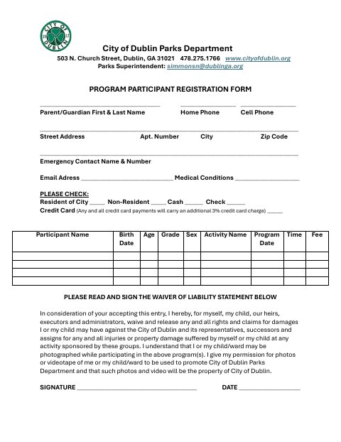 First page of the Program Participant Registration Form