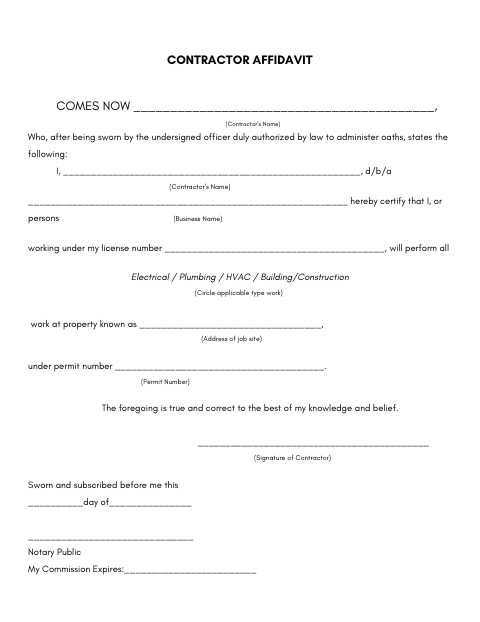 First page of the Contractor Affidavit