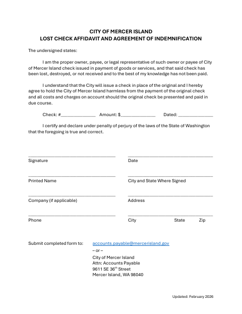 First page of the Lost Check Affidavit and Agreement of Indemnification
