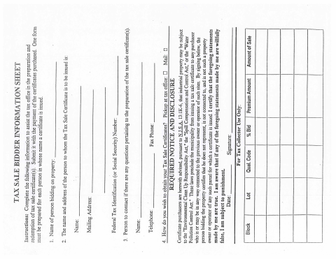 First page of the Tax Sale Bidder Sheets