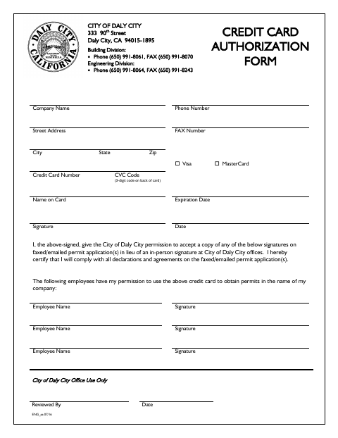 First page of the Credit Card Authorization Form