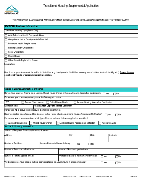 First page of the Transitional Housing Supplemental Application