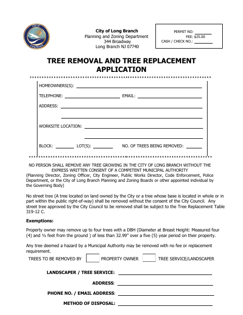 First page of the Tree Removal and Tree Replacement Application
