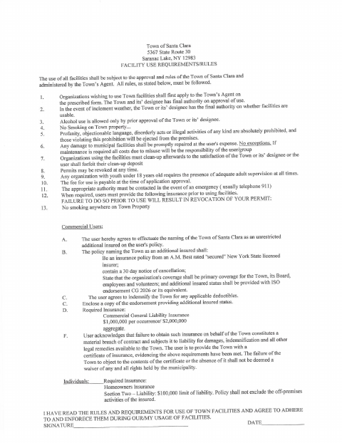 First page of the Application for Use of Community Center