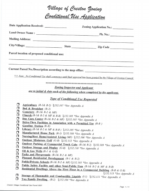 First page of the Conditional Use Application
