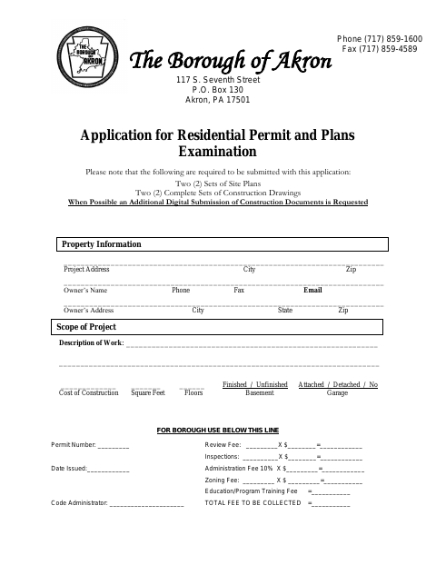 First page of the Application for Residential Permit and Plans Examination