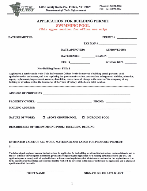 First page of the Swimming Pool/Hot Tub Building Permit Application