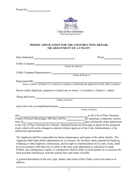 First page of the Right-of-Way Utility Permit Application