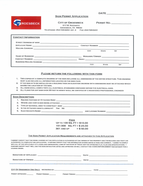 First page of the Sign Permit Application