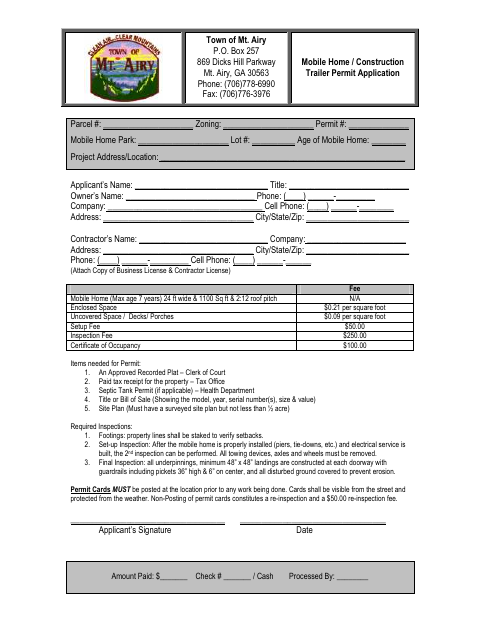 First page of the Mobile Home / Construction Trailer Permit Application