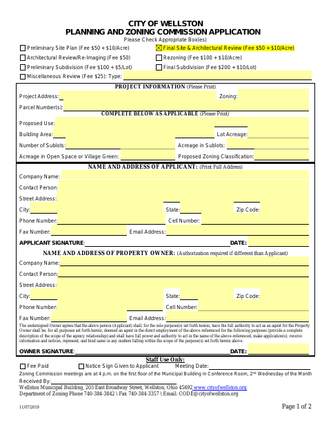 First page of the Planning and Zoning Commission Application