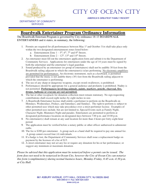 First page of the Boardwalk Entertainer Application