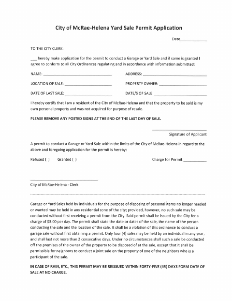 First page of the Yard Sale Permit Application