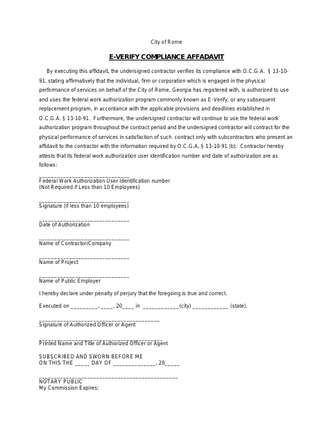 First page of the E-Verify Compliance Affidavit