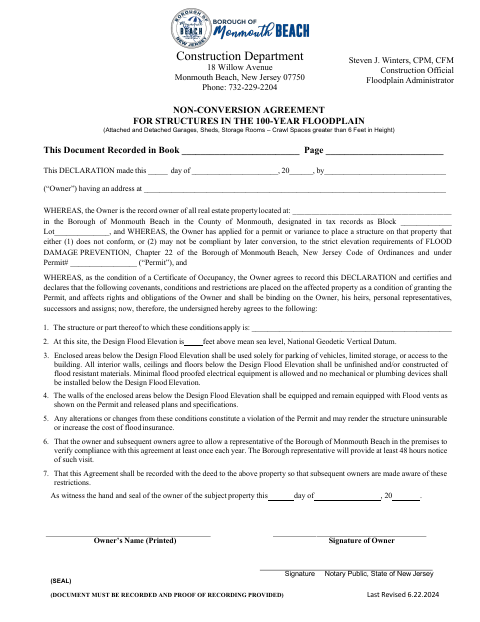 First page of the Floodplain Non-Conversion Agreement