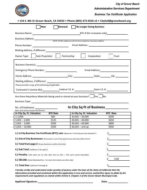 First page of the Business Tax Certificate Application