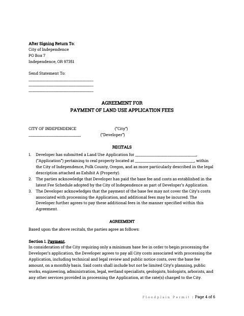 First page of the Agreement for Payment of Land Use Application Fees