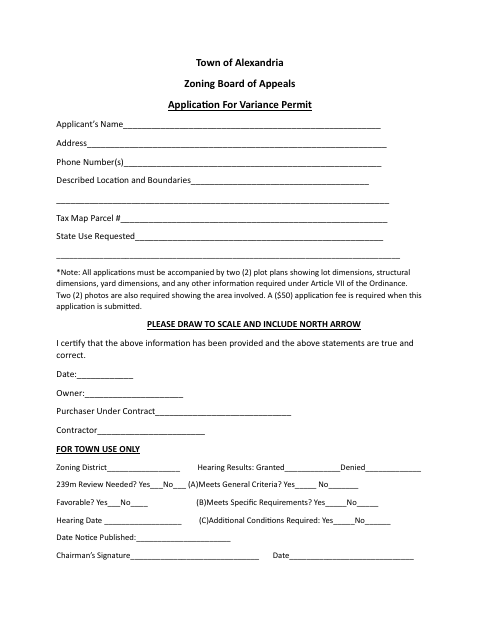 First page of the Zoning Board of Appeals Application for Variance Permit