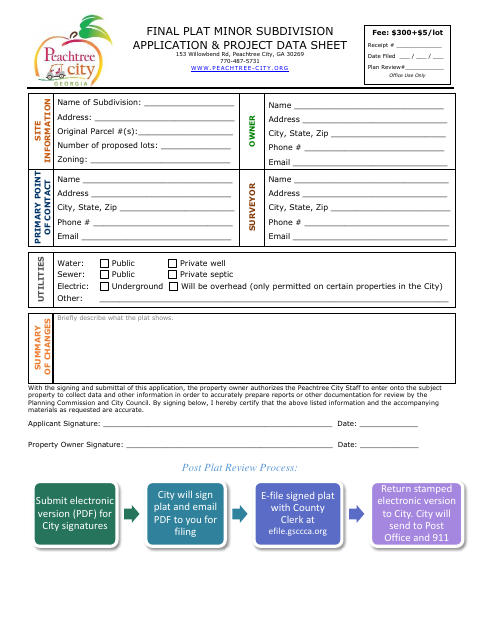 First page of the Final Plat Minor Subdivision Application & Project Data Sheet
