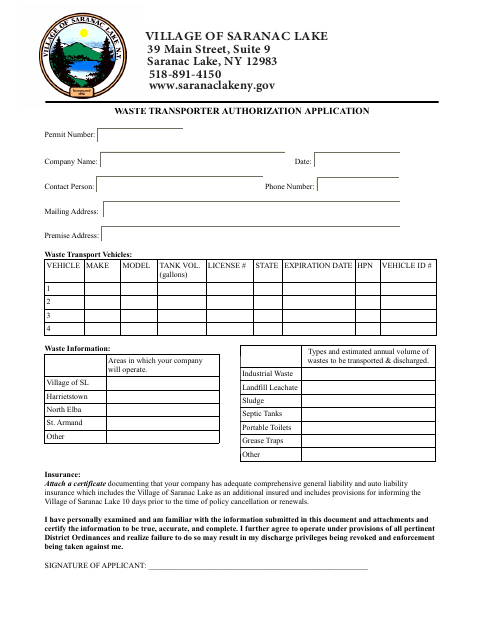 First page of the Waste Transporter Authorization Permit Application