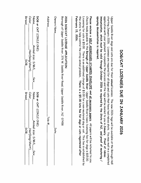 First page of the Dog/Cat License Application 2026