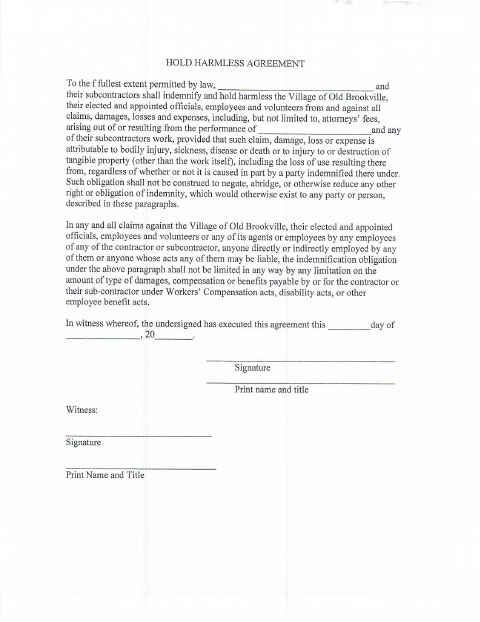 First page of the Hold Harmless Agreement
