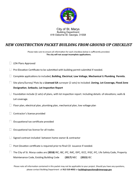 First page of the New Construction Packet (Building from Ground Up)