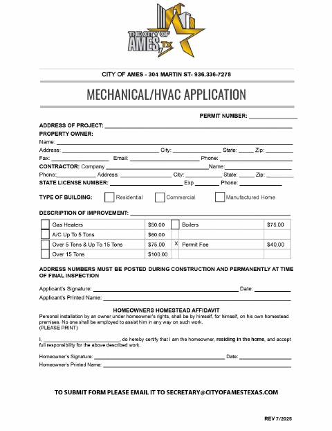 First page of the Mechanical/HVAC Application