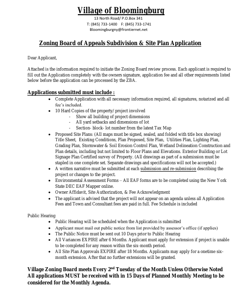First page of the Zoning Board of Appeals Subdivision and Site Plan Application