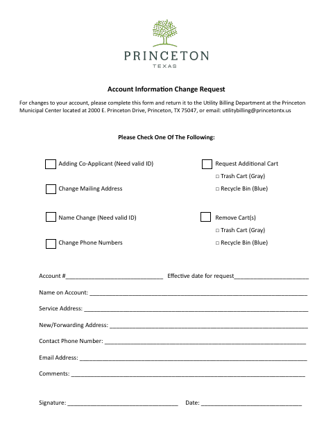 First page of the Account Information Change Request