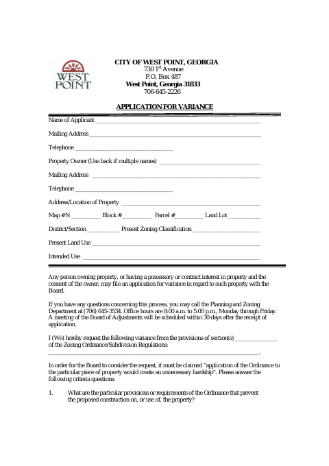 First page of the Application for Variance