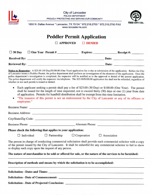 First page of the Peddler Permit Application
