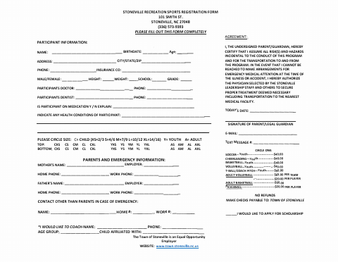 First page of the Sports Registration Form