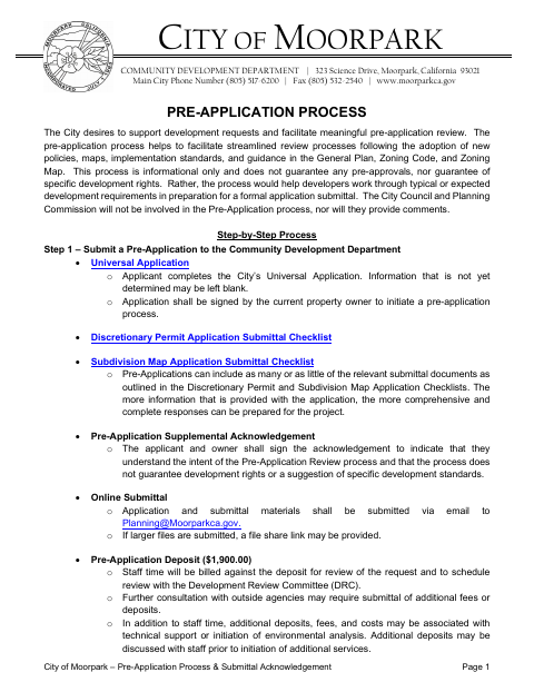 First page of the Pre-Application Process and Supplemental Acknowledgment