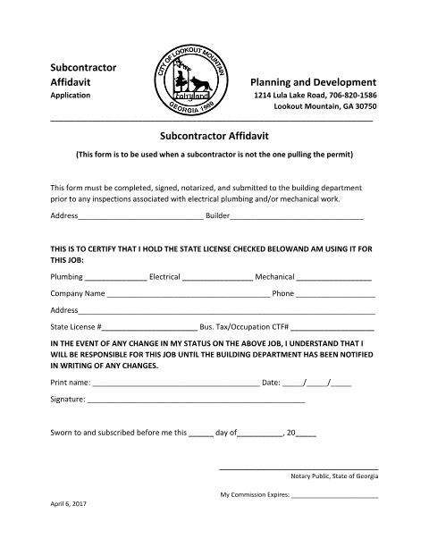 First page of the Subcontractor Affidavit