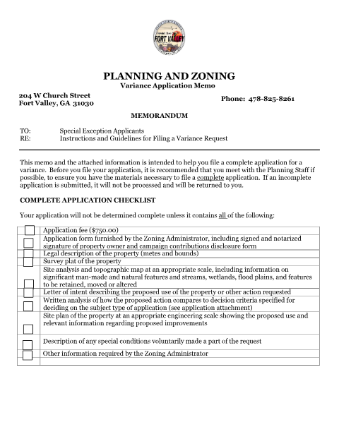 First page of the Variance Application
