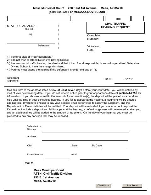 First page of the Civil Traffic Hearing Request