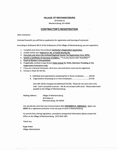 First page of the Contractor's Registration